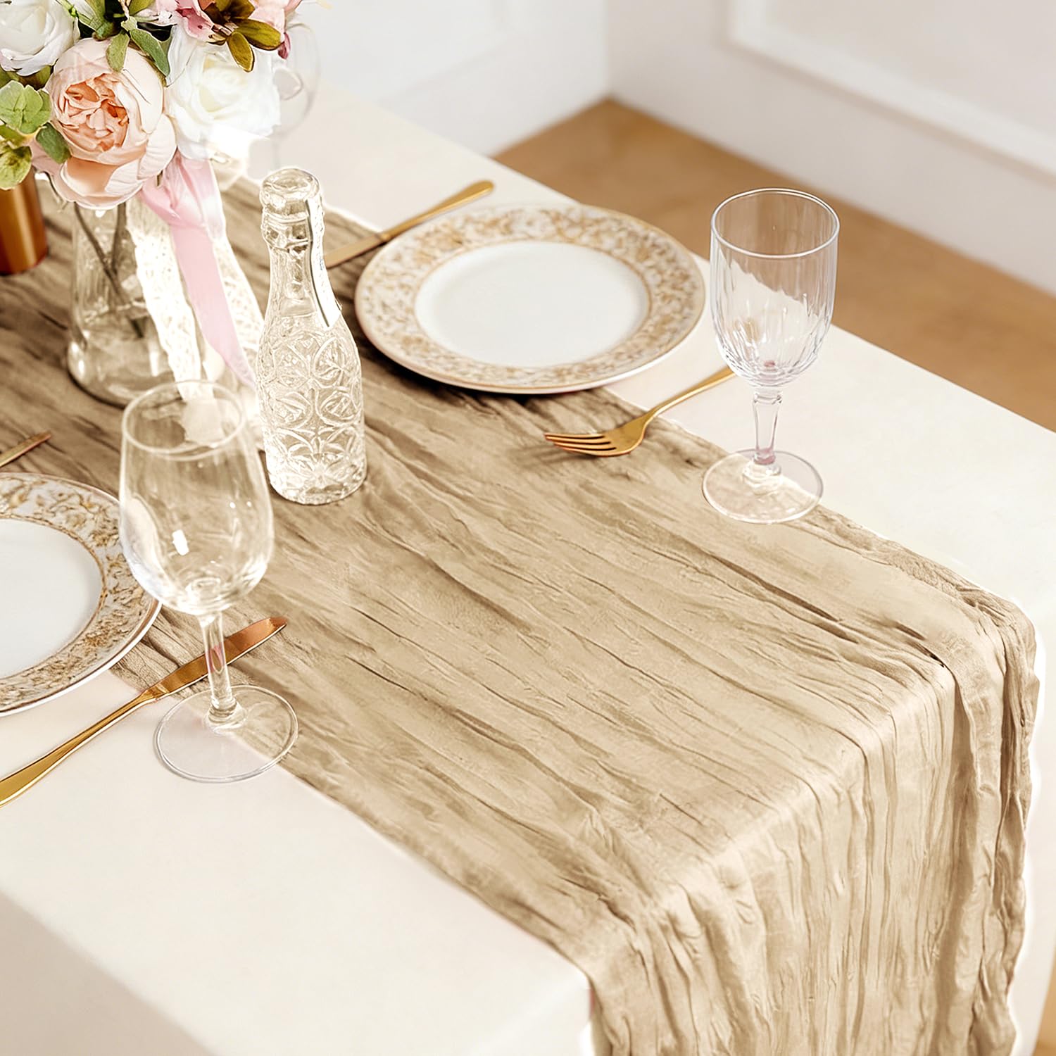 RLGIISE cuidado de mantel gasa beige, lavado suave recomendado.