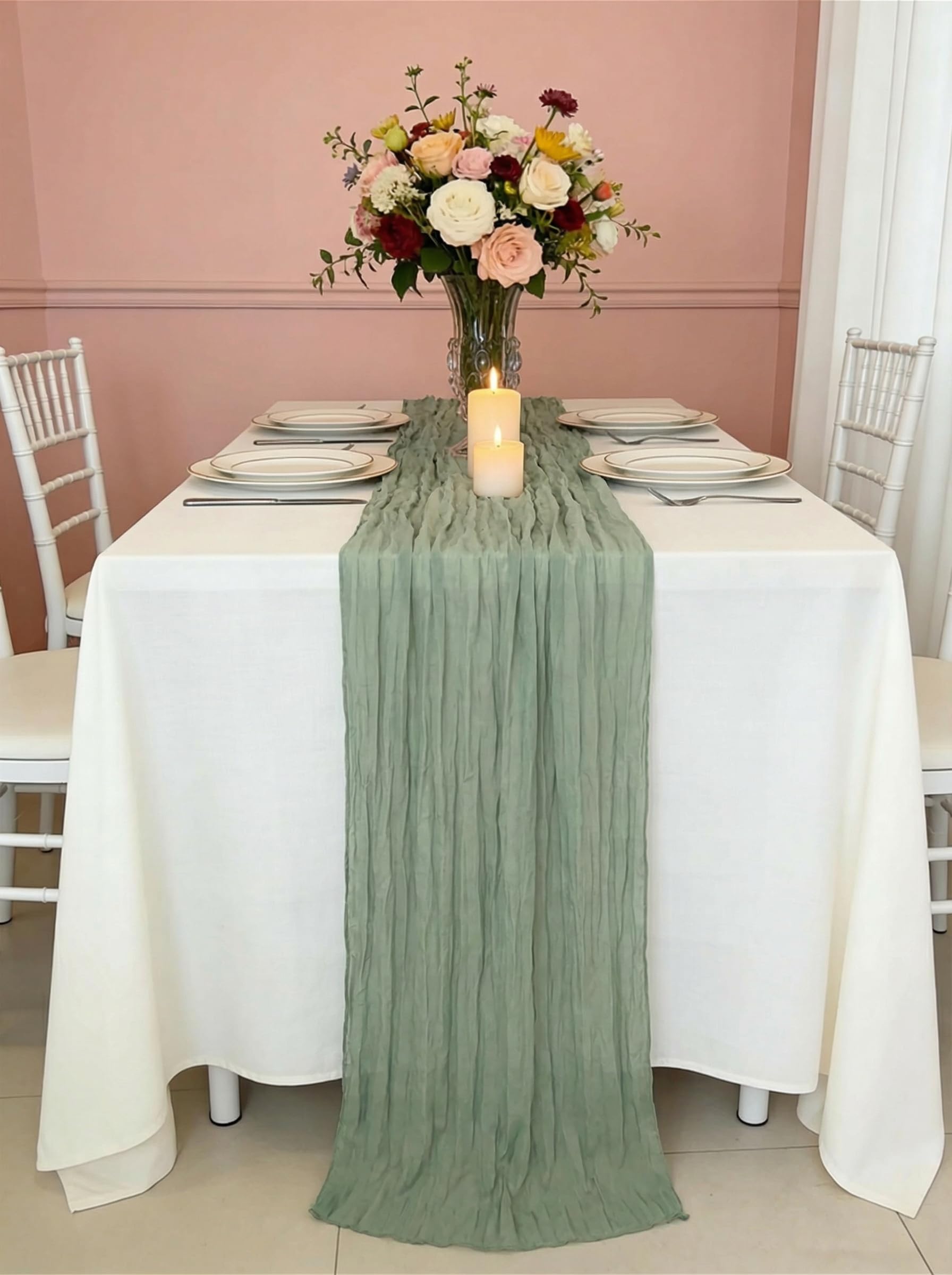 RLGIISE: juego de tres caminos de mesa de gasa Salvia para decoraciones elegantes.