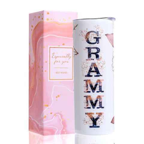Taza Grammy de Rmeosye con diseño dorado floral para regalo elegante y práctico.