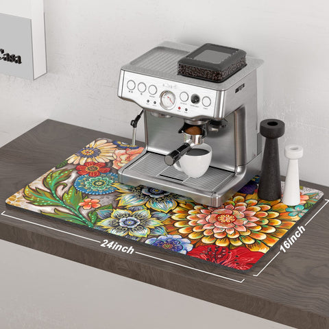 Alfombrilla Rnivvi con mandala colorido añade estilo al área de café.