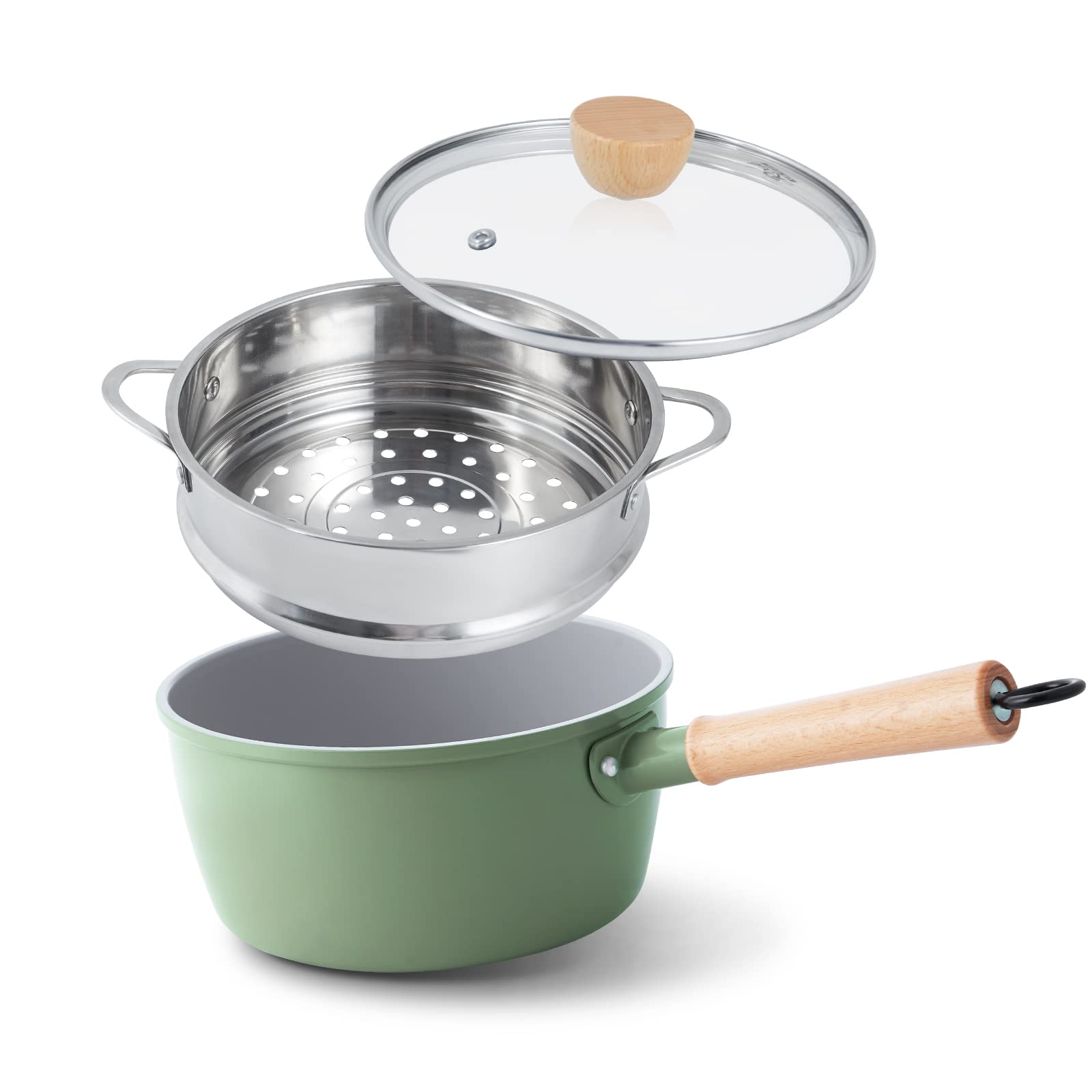 ROCKURWOK sartén 3 qt con mango de madera verde, ergonomía y agarre cómodo.