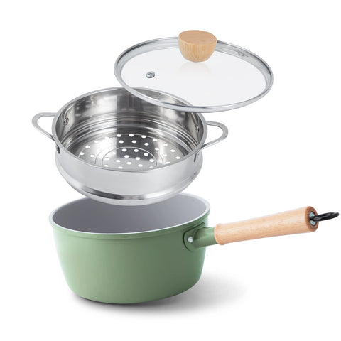 ROCKURWOK sartén 3 qt con mango de madera verde, ergonomía y agarre cómodo.
