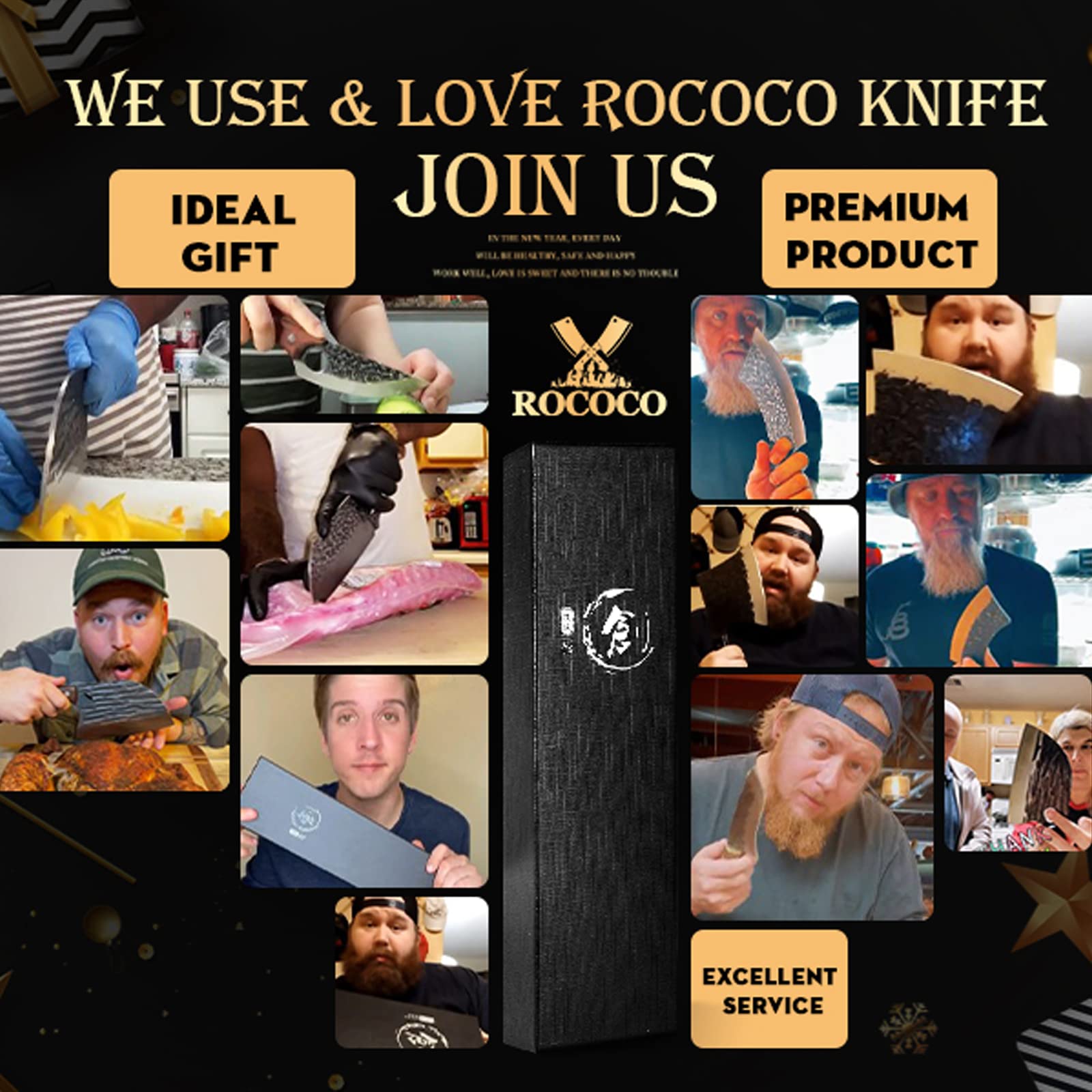 ROCOCO cuchillo para aventuras al aire libre: diseño robusto para camping y asados.