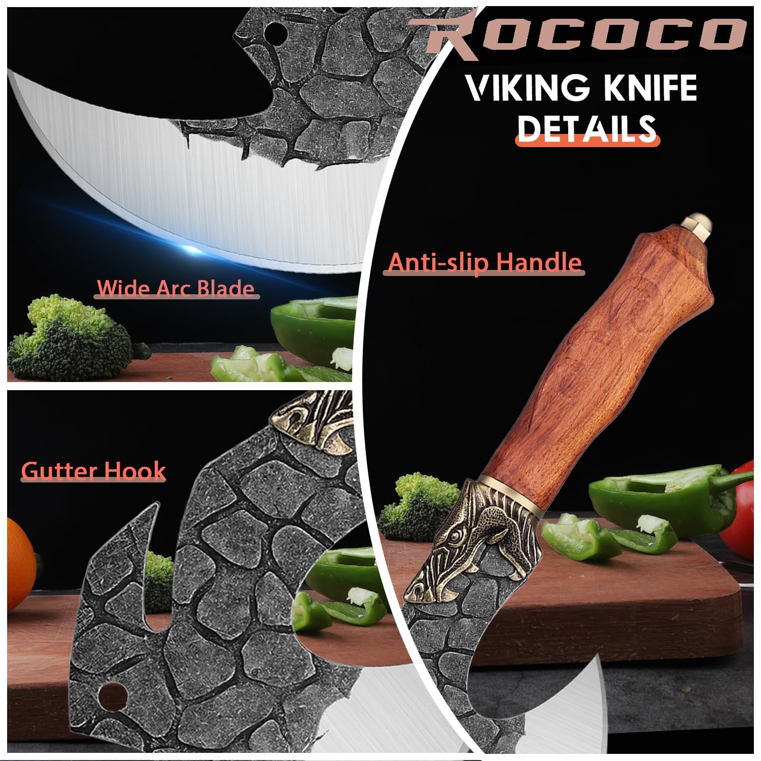 ROCOCO cuchillo vikingo mango de nogal cómodo y duradero