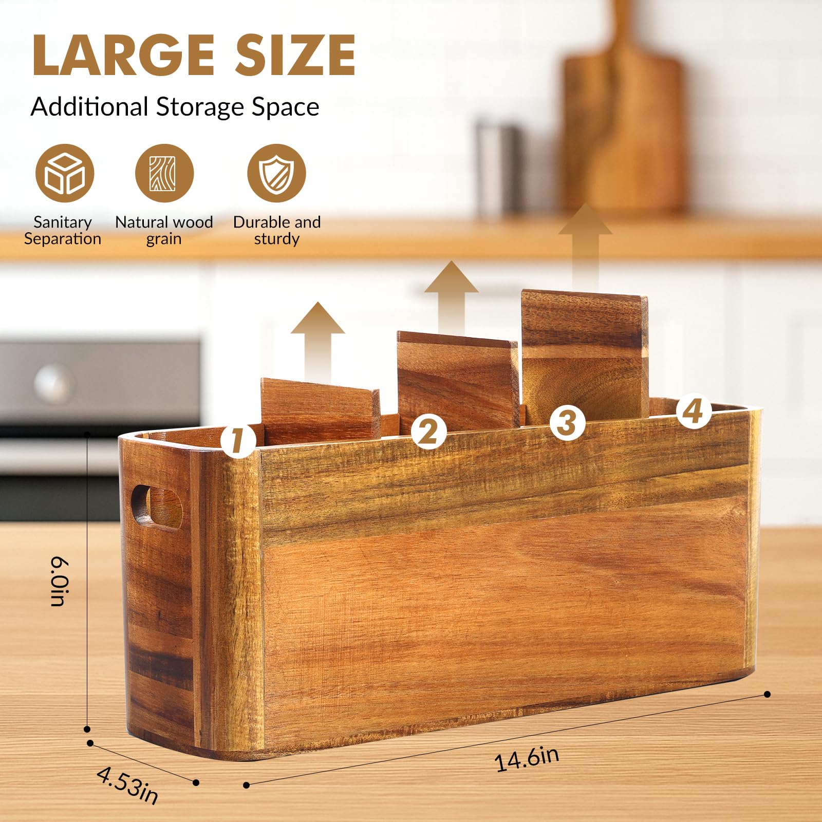 Rodelna acabado impermeable en madera de acacia para mayor durabilidad en la cocina.