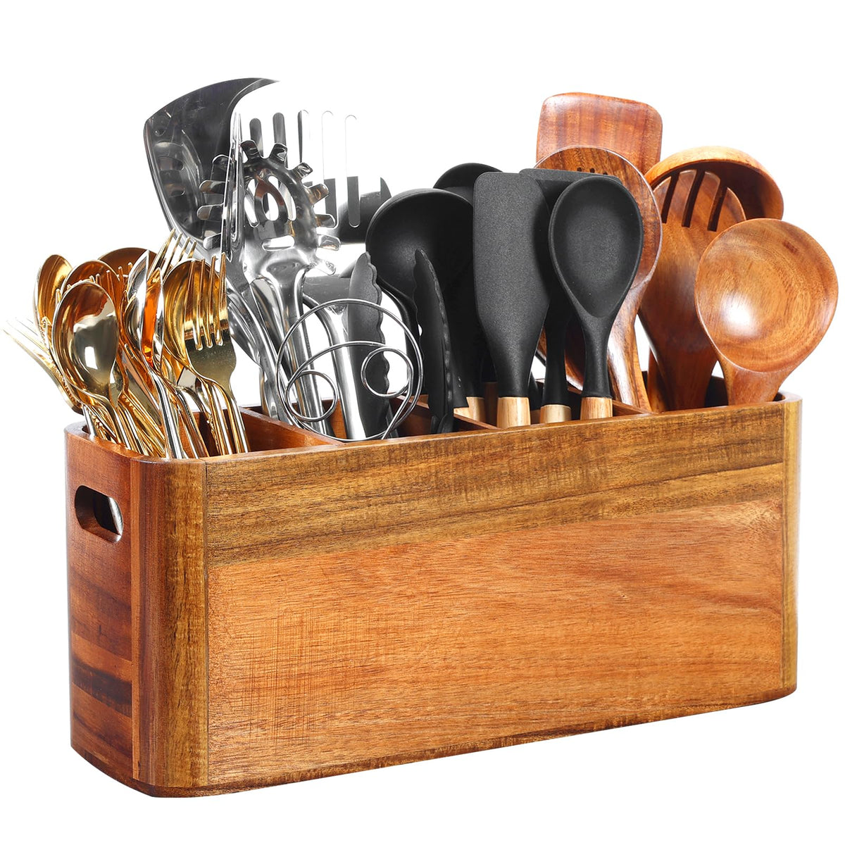 Rodelna porta-utensilios de madera acacia con cuatro compartimentos para una cocina organizada.