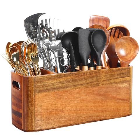Rodelna porta-utensilios de madera acacia con cuatro compartimentos para una cocina organizada.