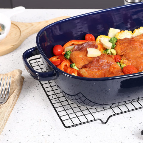 Roeveca, bandeja rectangular-detalle-azul-brillo, perfecto para servir directamente en la mesa.