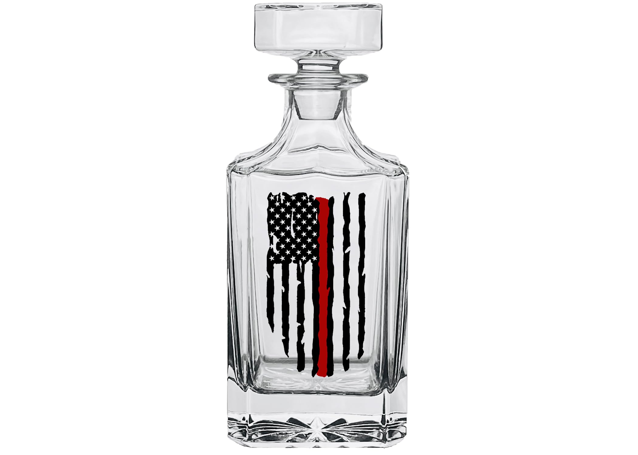 Rogue River Tactical decantador whisky con bandera línea roja delgada, ideal para regalo patriótico.