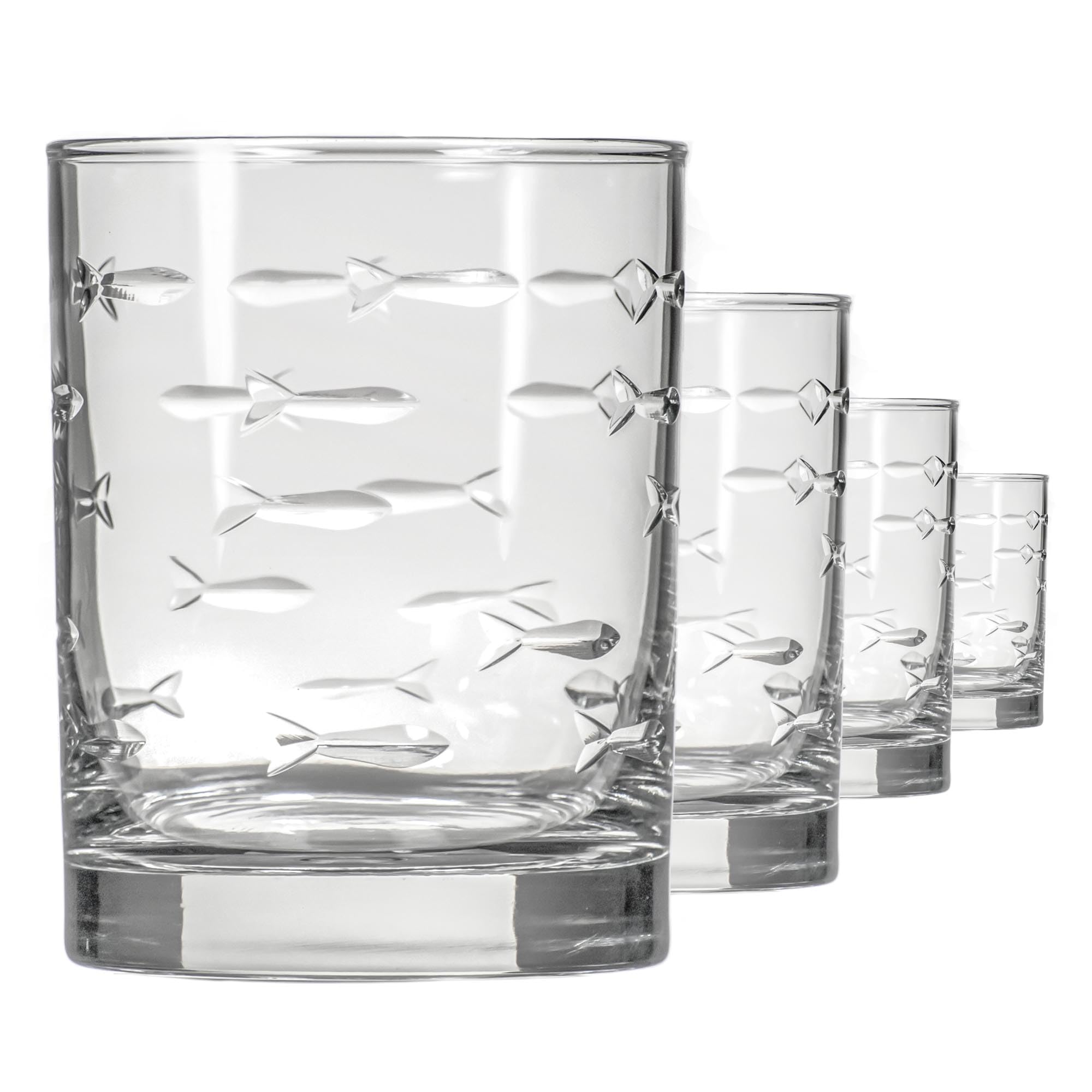 Vaso Rolf Glass Escuela de Peces detalle frontal del pez grabado, ideal para cócteles