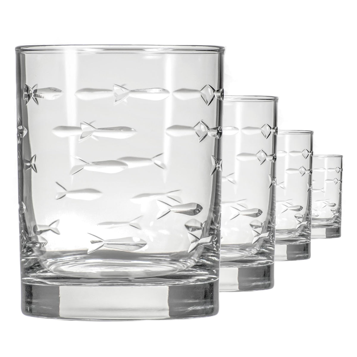 Vaso Rolf Glass Escuela de Peces detalle frontal del pez grabado, ideal para cócteles