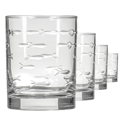Vaso Rolf Glass Escuela de Peces detalle frontal del pez grabado, ideal para cócteles