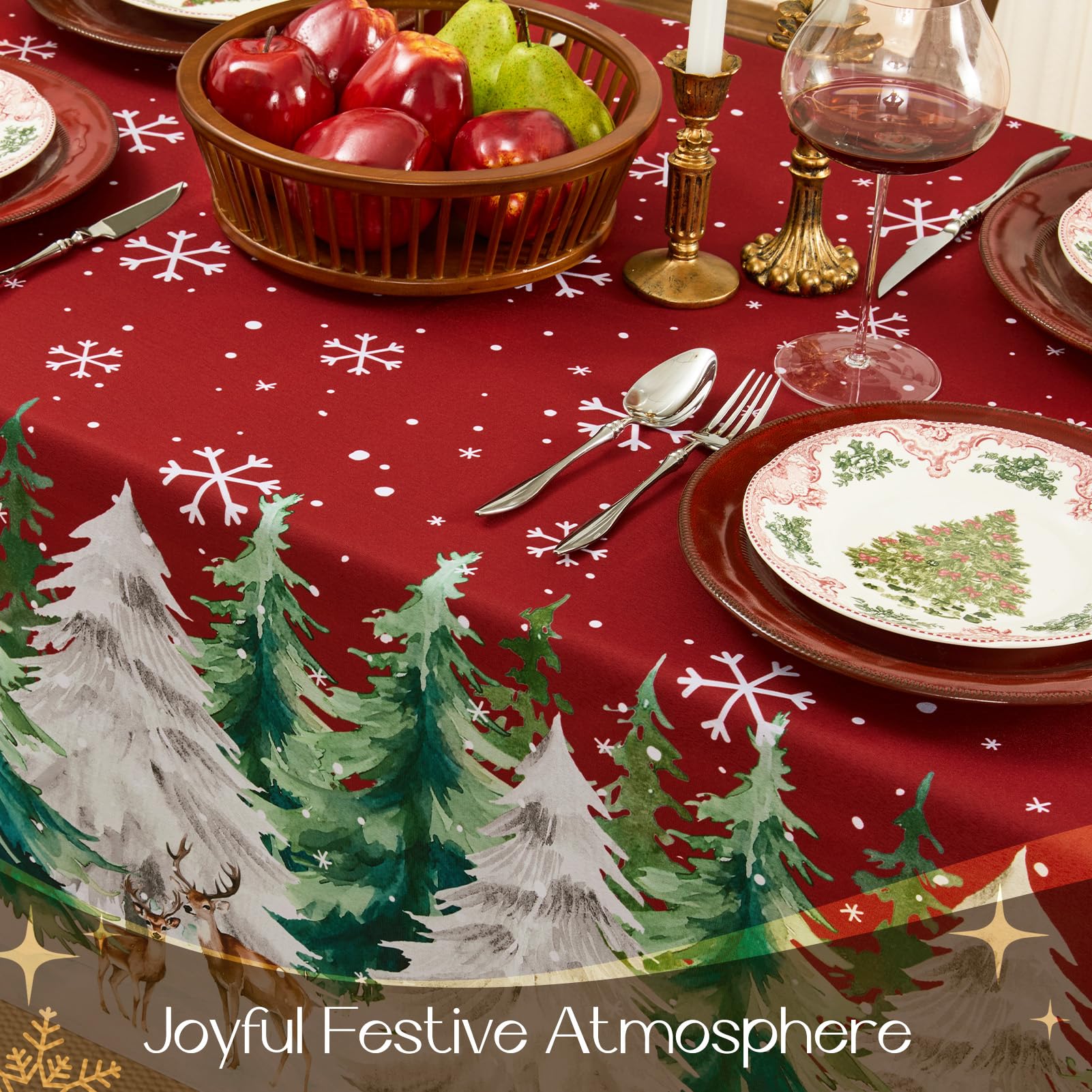 Mantel Romanstile con impresión navideña, crea ambiente festivo en la mesa.