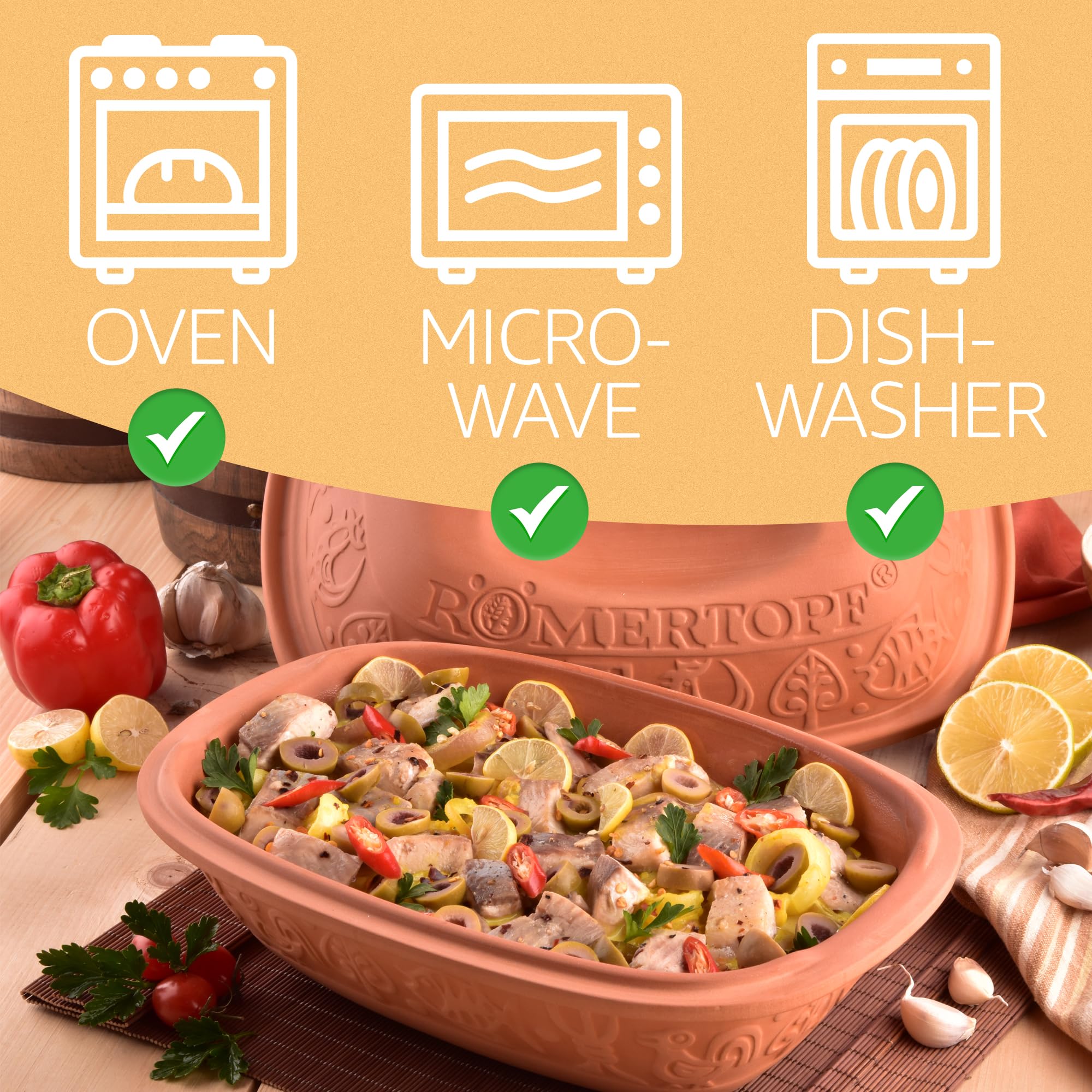 Romertopf con dimensiones externas adecuadas para hornos estándares.