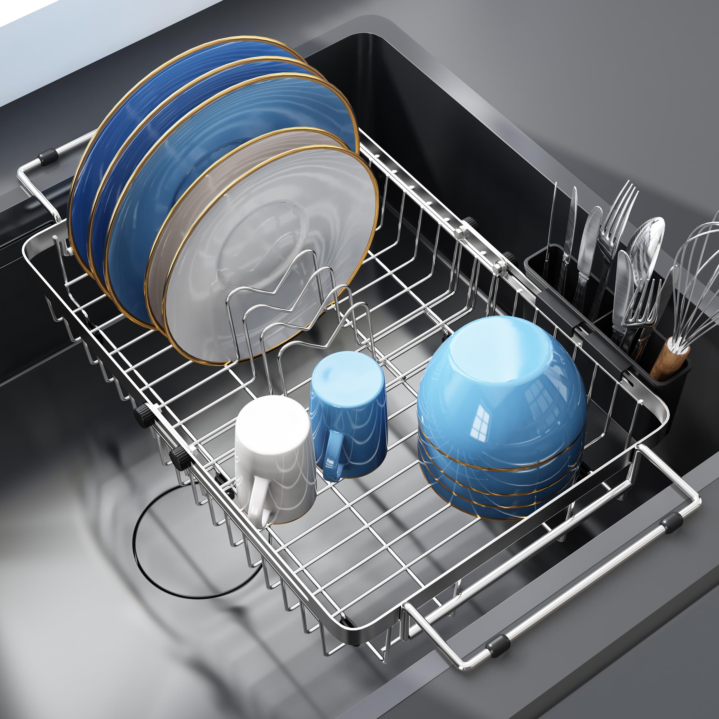 Romision estante secado expandible sobre fregadero, optimiza el espacio de la cocina.