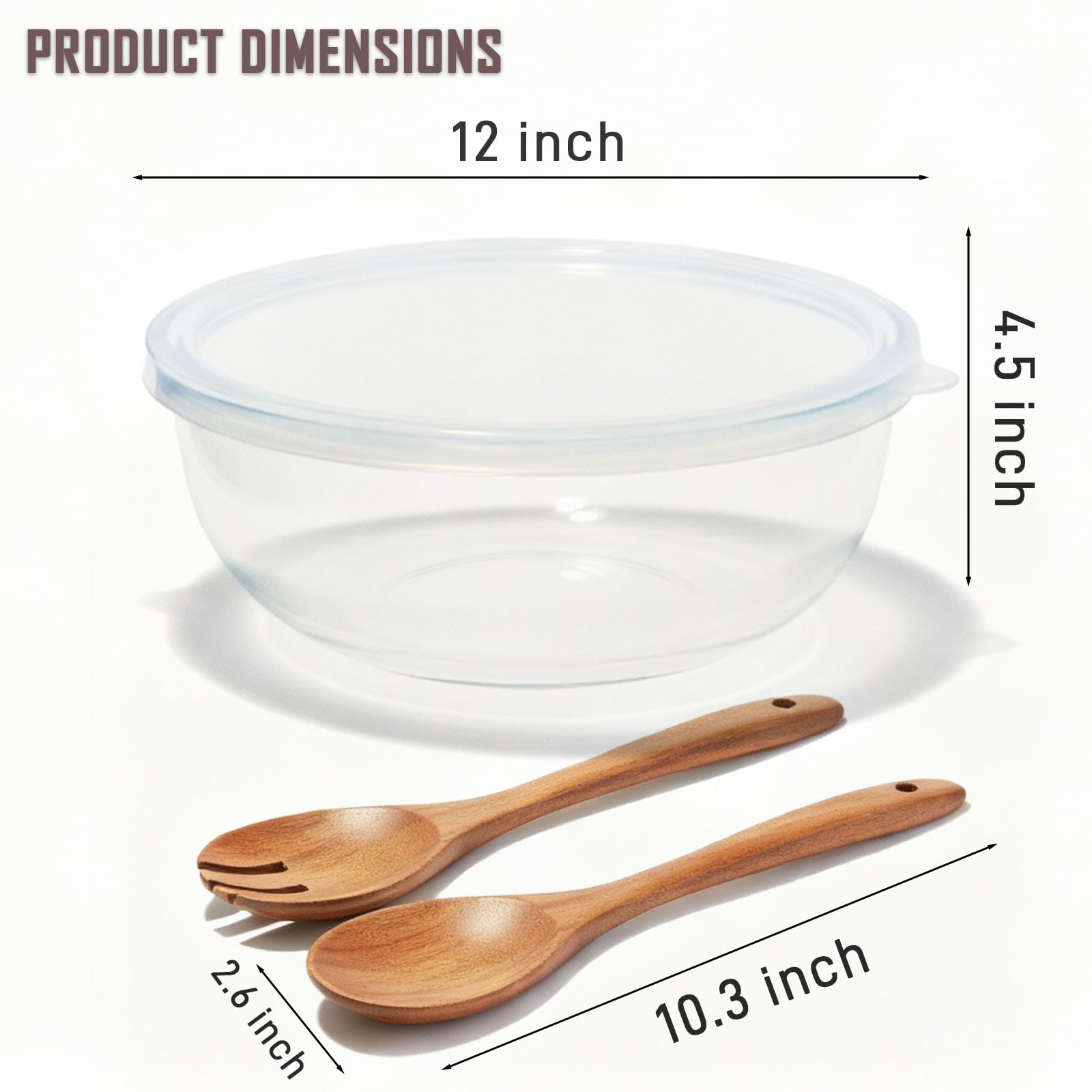 Ronanemon cucharas de acacia y bol de vidrio para ensaladas, servido con ergonomía.