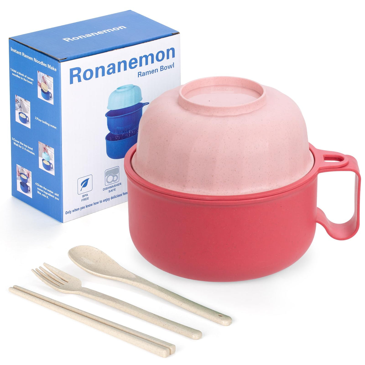 Ronanemon tazón ramen grande 40oz con colador, ideal para preparar ramen rápido.