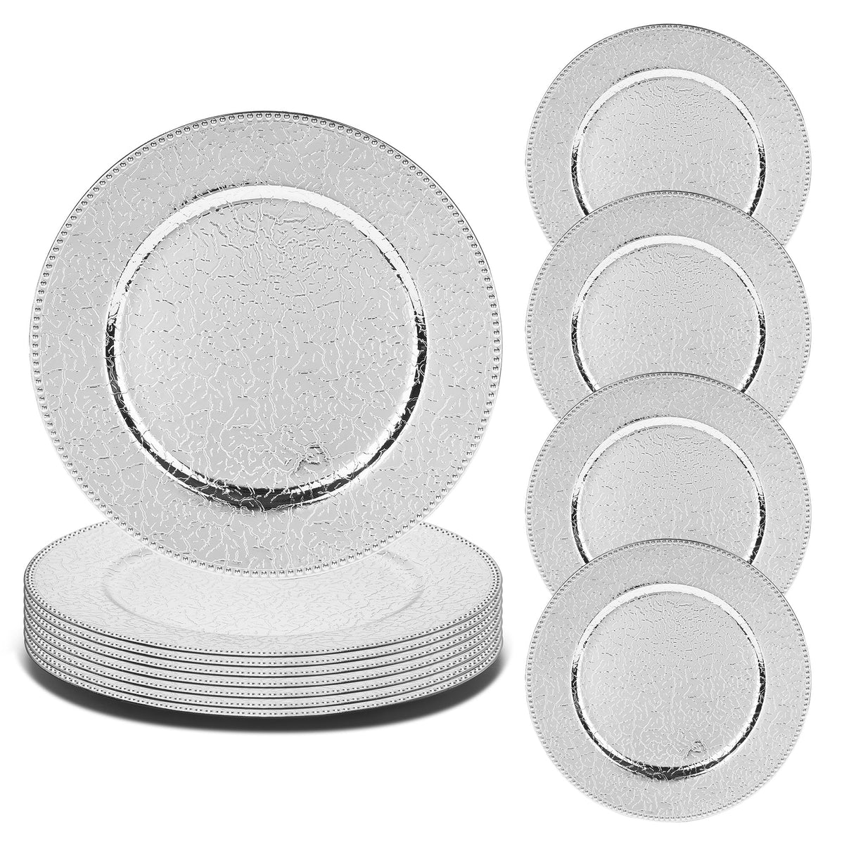 Roncooker cargadores plateados 13 pulgadas en mesa elegante para cenas.