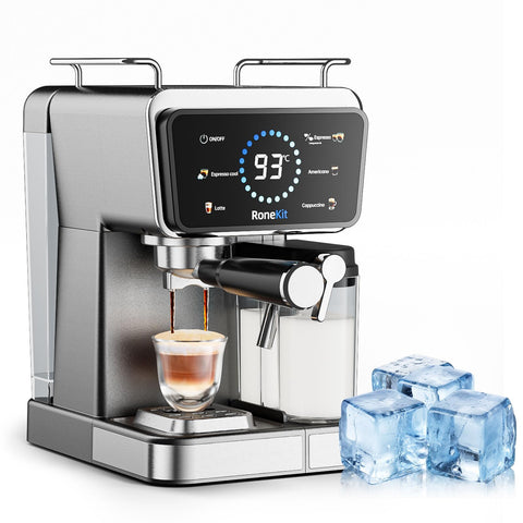 RoneKIT máquina espresso, vista frontal, diseño compacto ideal para cocinas pequeñas.