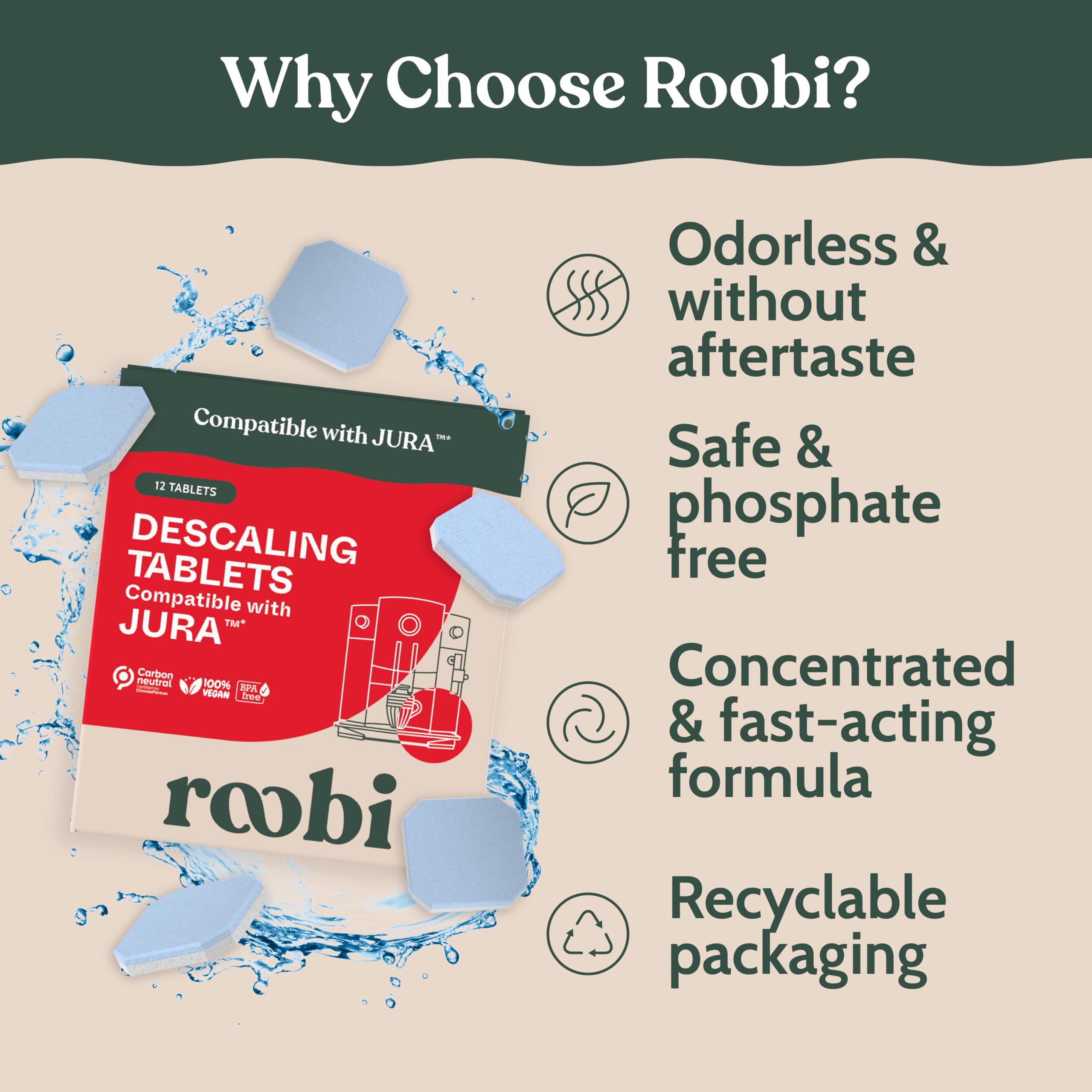 Roobi desincrustante para Jura, elimina residuos y alarga la vida de la máquina.