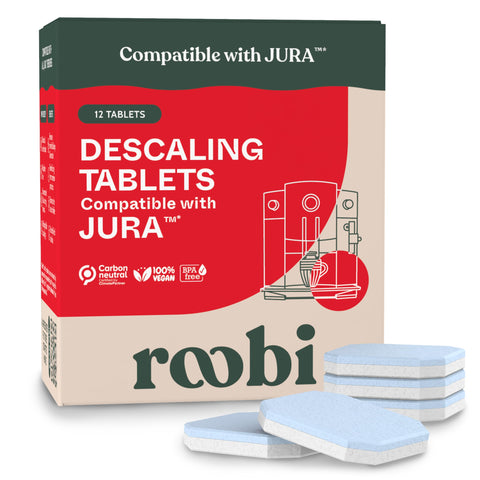 Roobi Jura tableta desincrustante en empaque, limpieza ecológica para tu cafetera.
