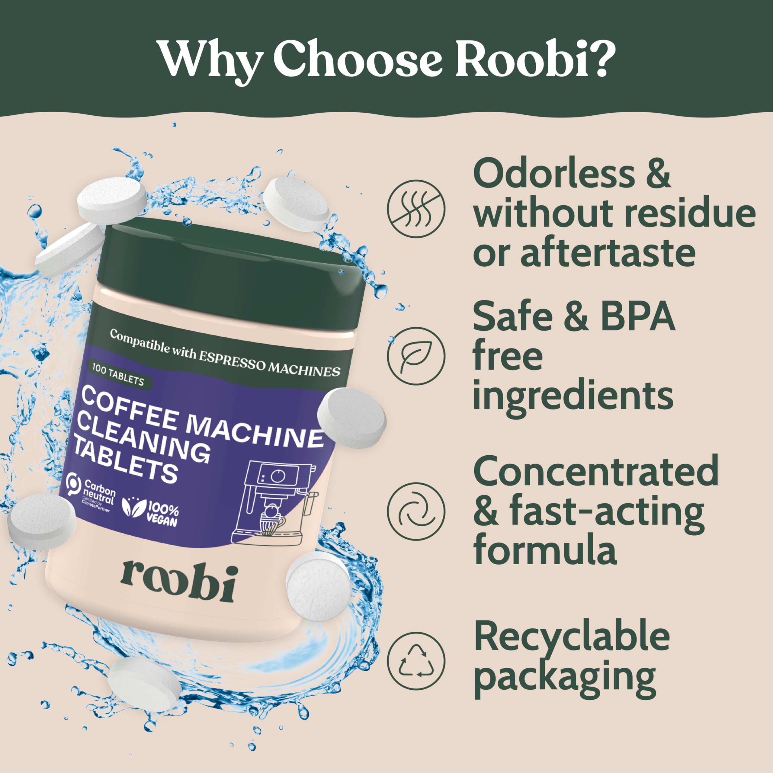 Roobi tabletas limpieza espresso amigables con el ambiente: empaque ecológico.