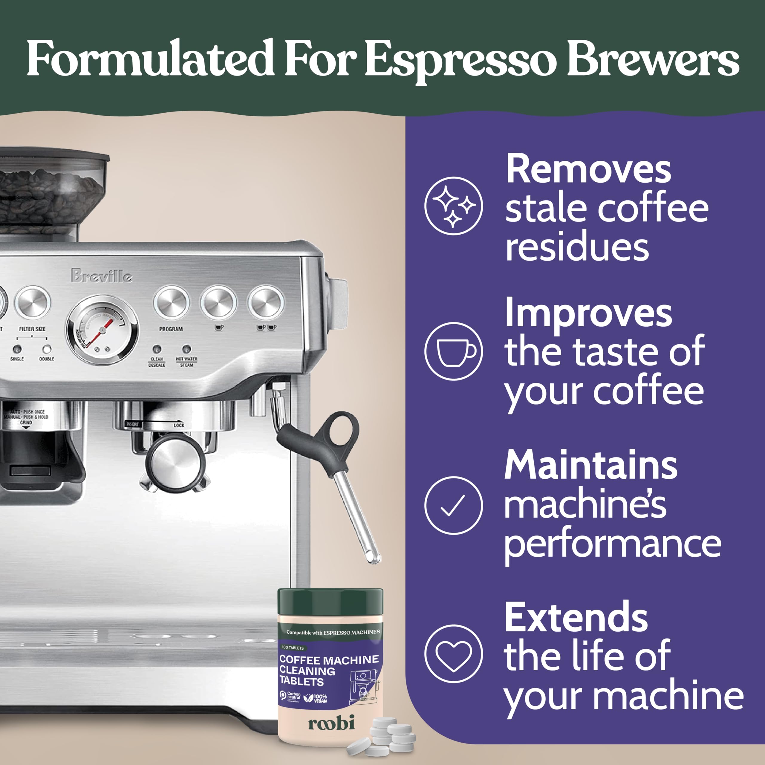 Roobi tabletas limpieza cafetera espresso sin olor, aroma más fresco tras la limpieza.