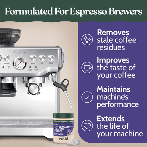 Roobi tabletas limpieza cafetera espresso sin olor, aroma más fresco tras la limpieza.