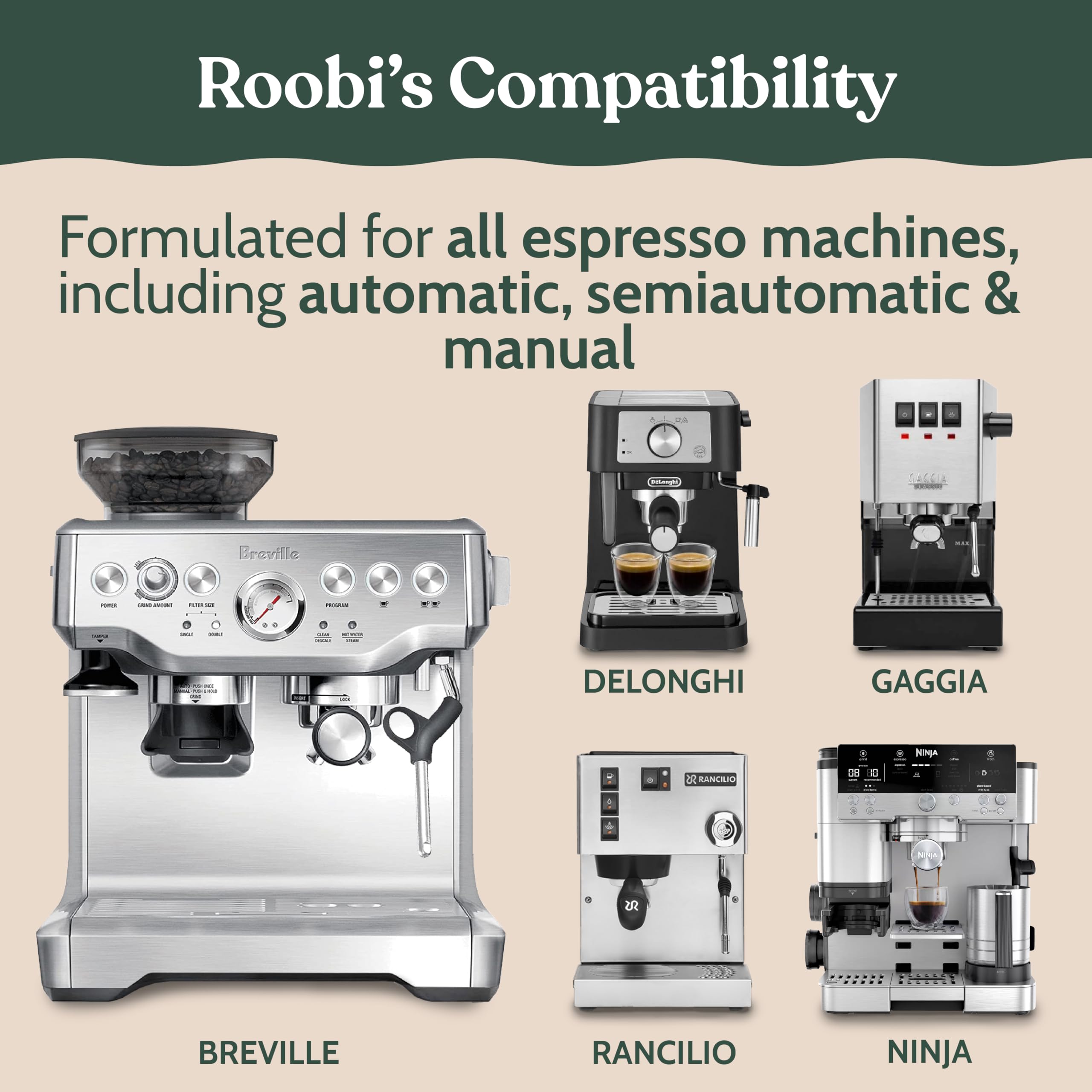 Roobi tabletas limpieza espresso sin residuos ni sabores extraños.
