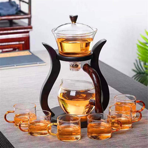 Tetera de vidrio RORA Lazy Kungfu con rotación para 6 tazas, ideal para tés sueltos.