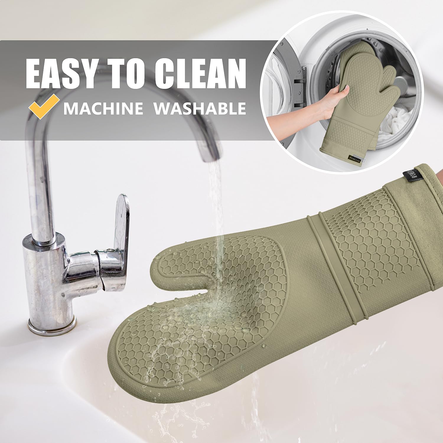 Fácil limpieza de guantes y salvamanteles rorecay, aptos para lavadora.
