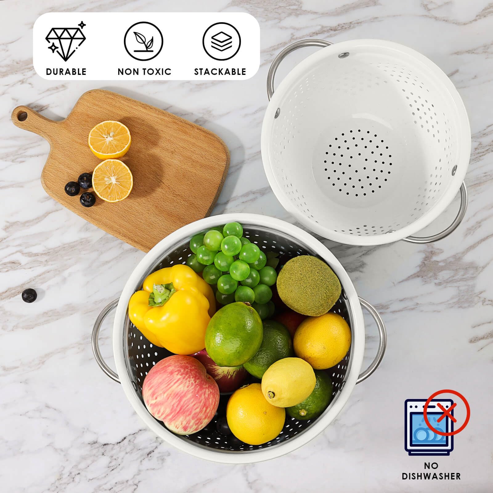 Rorence colador 5qt en polvo blanco con mango reforzado para gran capacidad