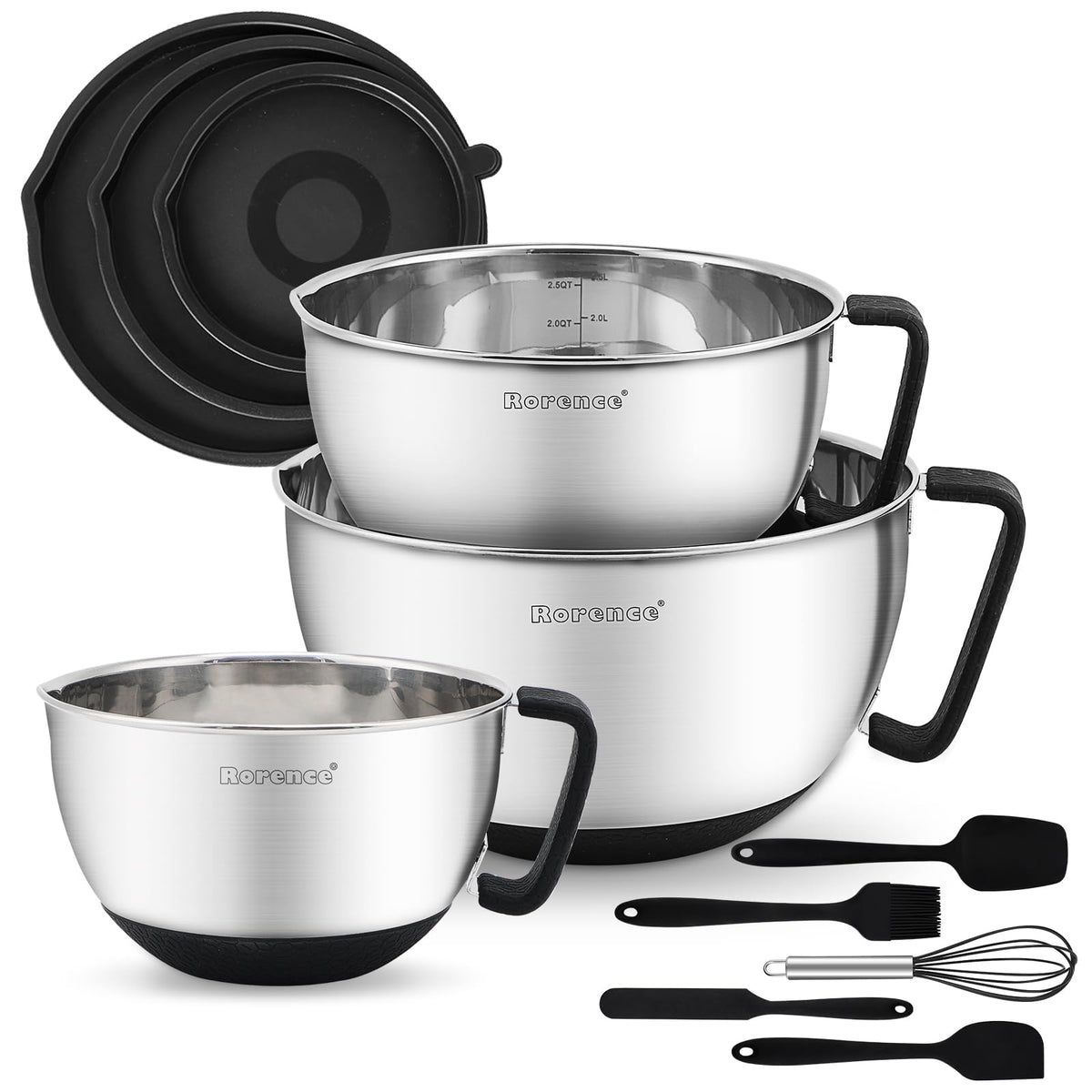 Conjunto Rorence de 3 cuencos de acero inoxidable con tapas y mangos para mezclar.