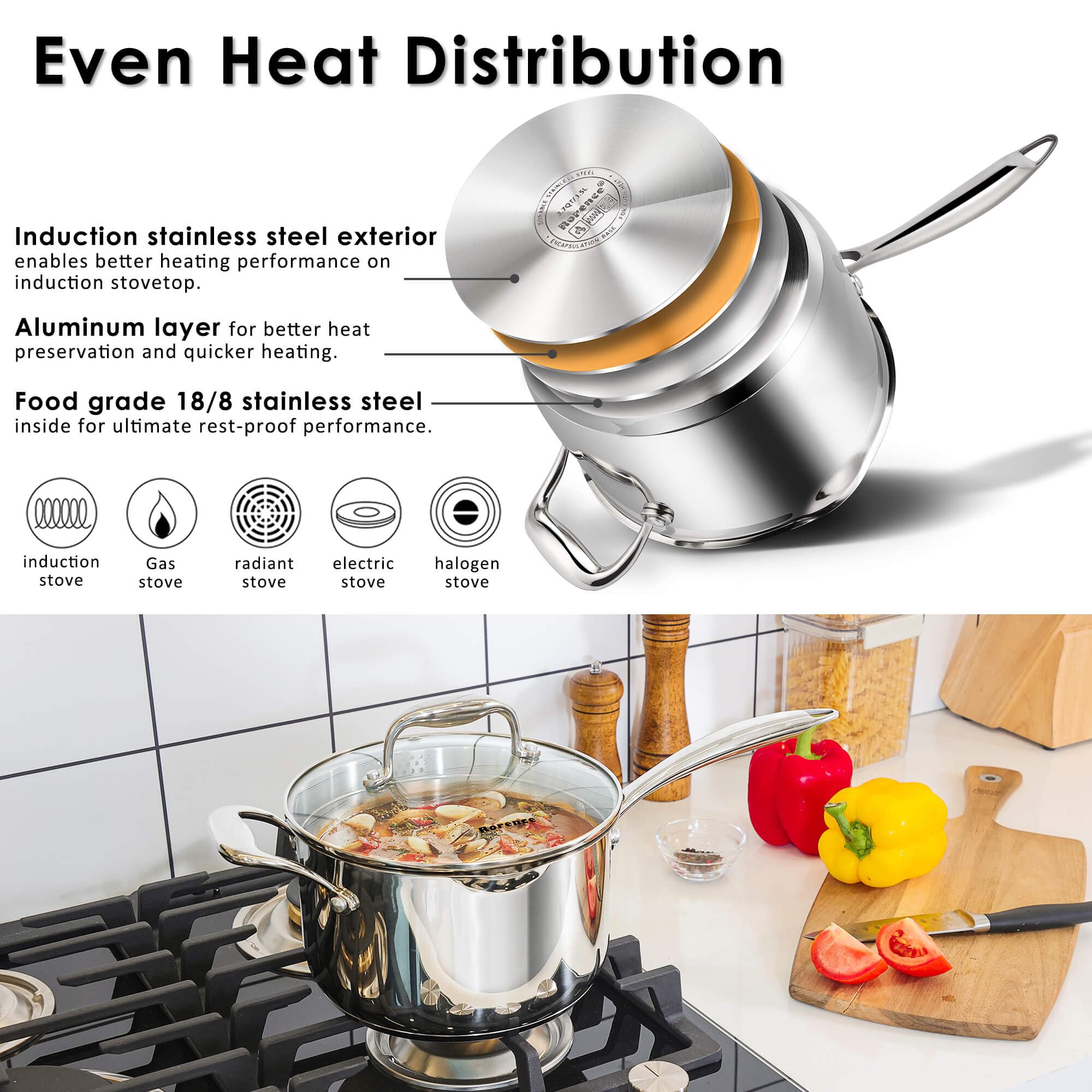 Mango ergonómico de acero inoxidable, cómodo para cocinar platos diarios
