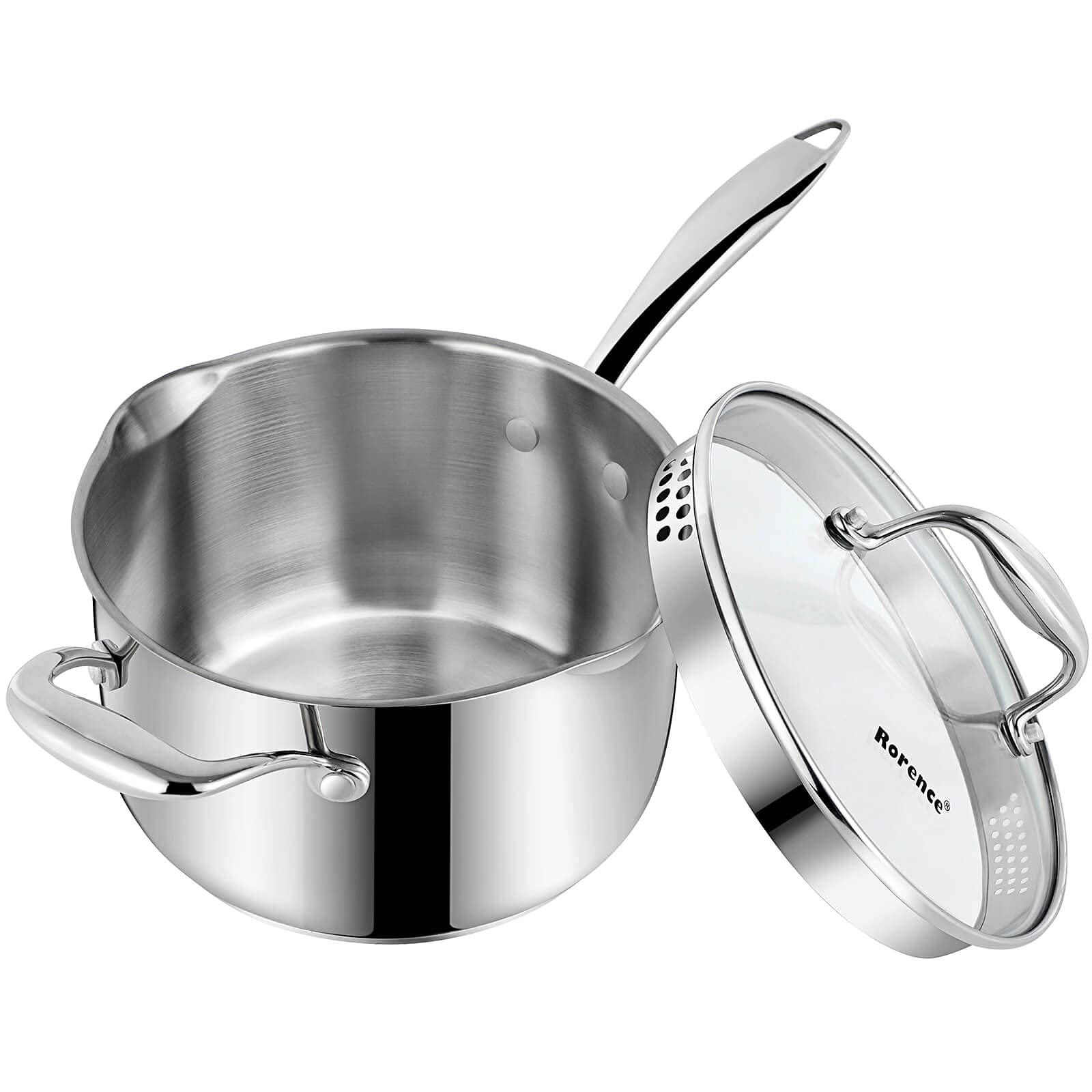 Olla de salsa Rorence de acero inoxidable con pico vertedor y tapa de vidrio para monitorizar la cocción