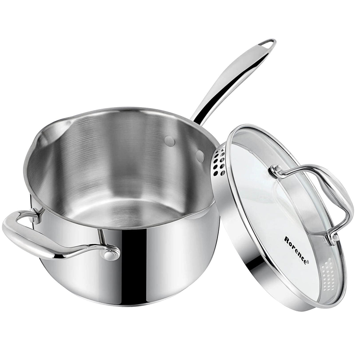 Olla de salsa Rorence de acero inoxidable con pico vertedor y tapa de vidrio para monitorizar la cocción
