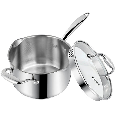 Olla de salsa Rorence de acero inoxidable con pico vertedor y tapa de vidrio para monitorizar la cocción