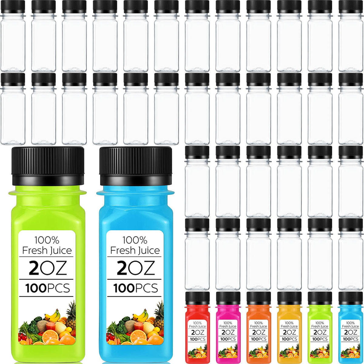 Roshtia botellas 2oz claras con tapa negra, ideales para jugos y batidos sin derrames.