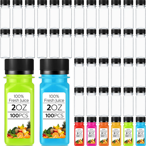 Roshtia botellas 2oz claras con tapa negra, ideales para jugos y batidos sin derrames.