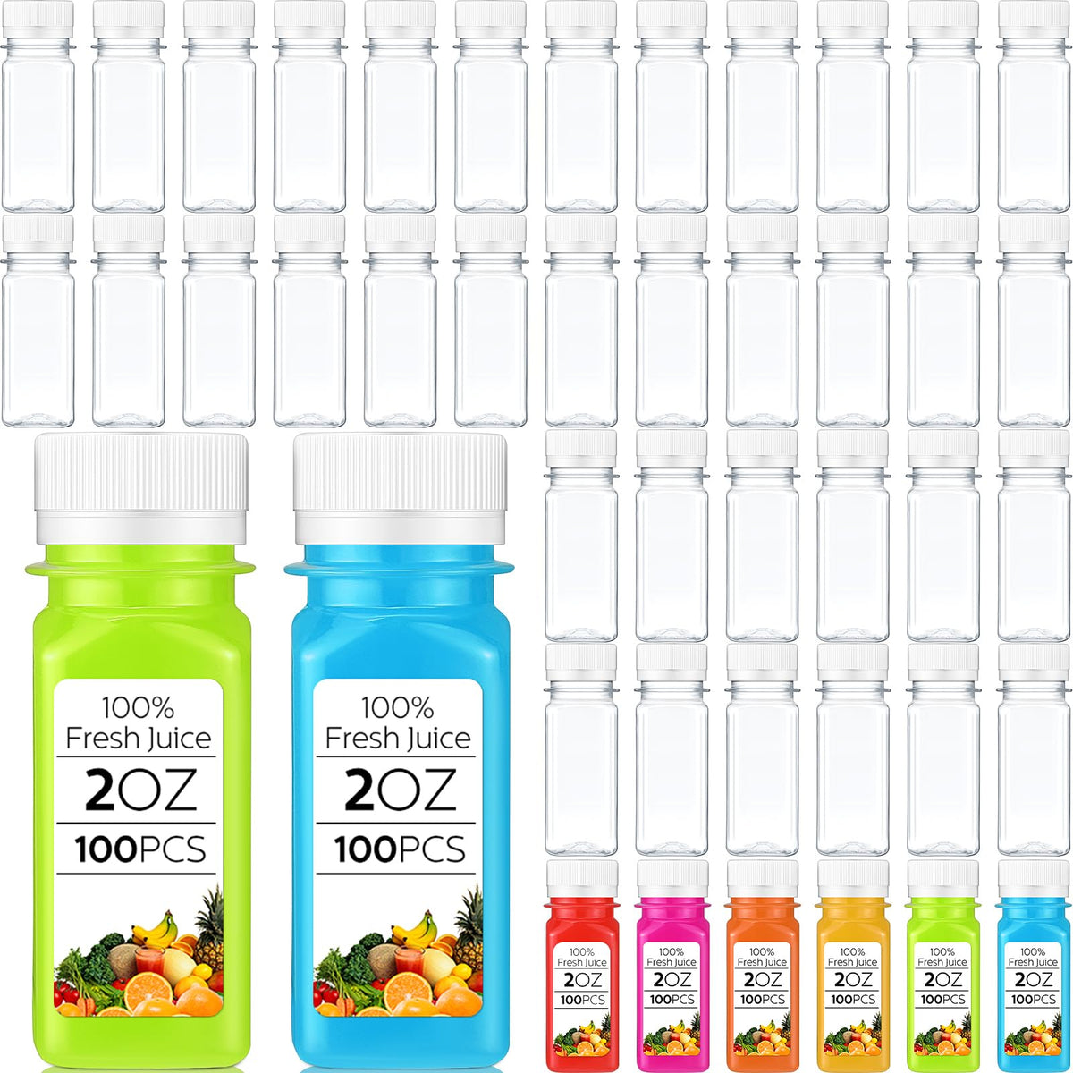 Roshtia botellas 2oz claras con tapa blanca, vista frontal para bebidas seguras.