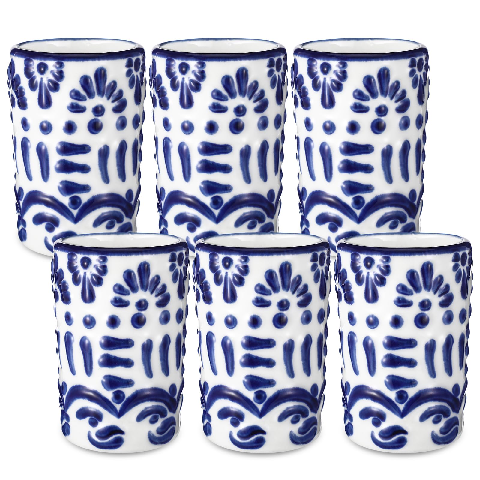 Roshtia vasos tequila 6 piezas en azul con decoración blanca, ideal para reuniones.