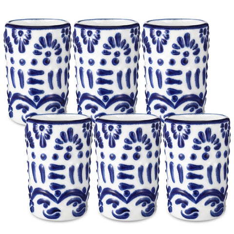 Roshtia vasos tequila 6 piezas en azul con decoración blanca, ideal para reuniones.