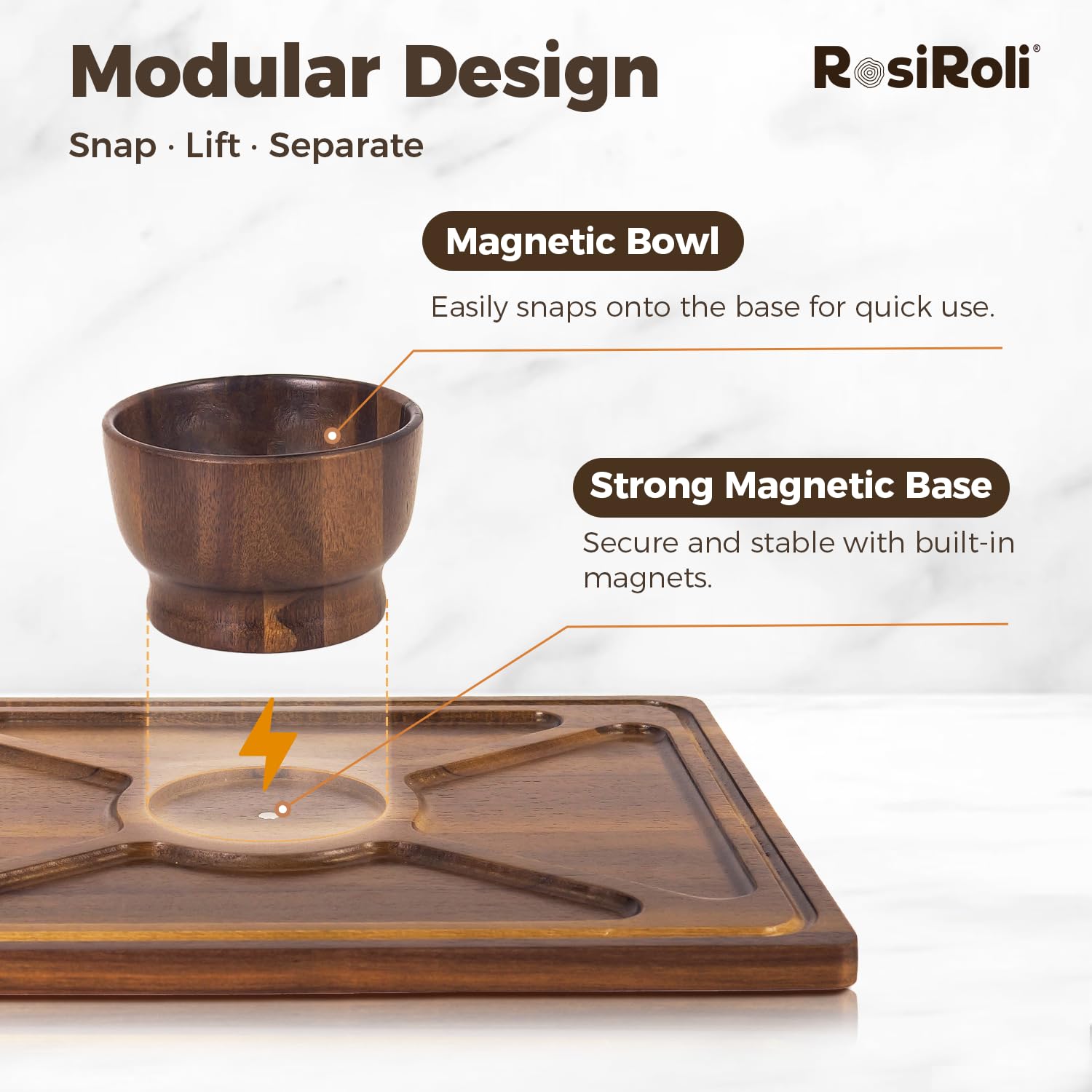 Rosiroli cuenco magnético de madera facilita servir dips y acompañamientos.