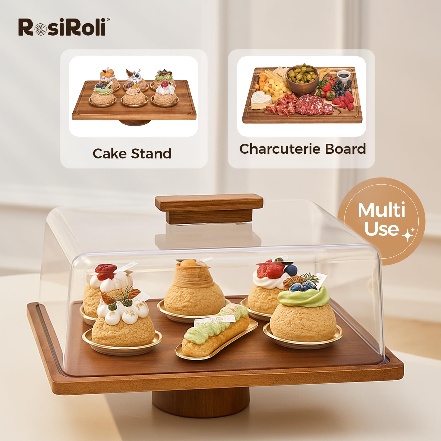 Rosiroli tapa domo acrílica con mango de madera añade elegancia.