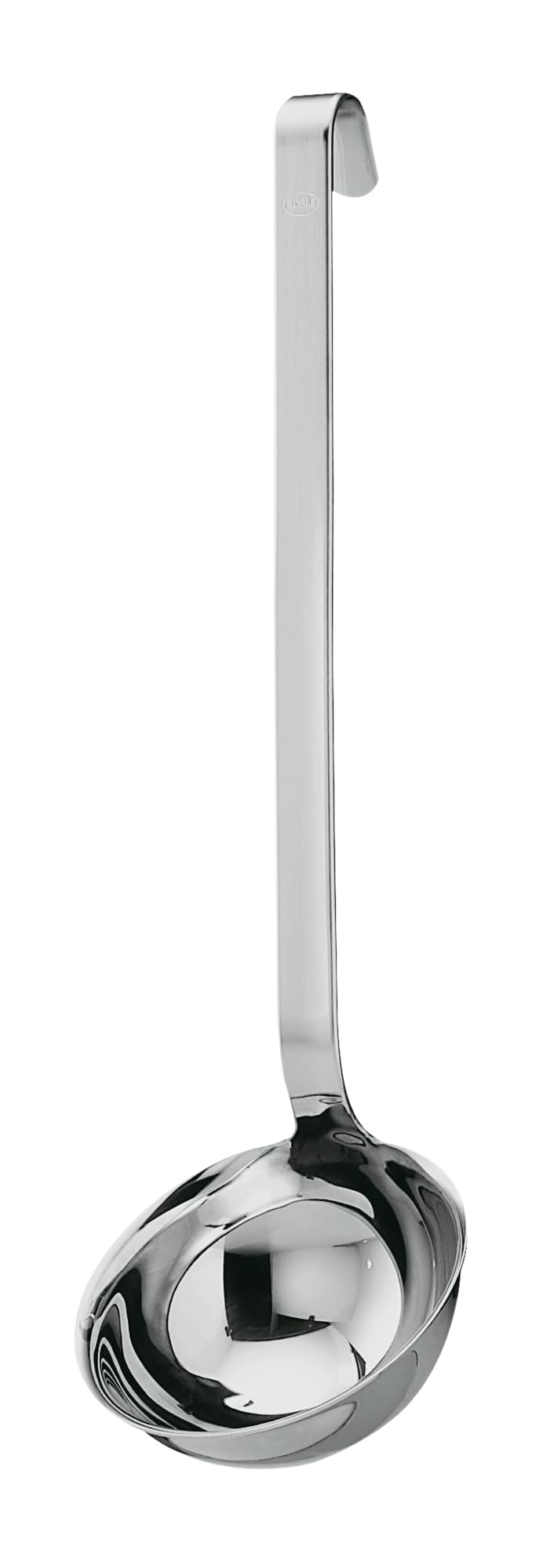 Cucharón Rösle 10010 de acero inoxidable con mango ganchudo para servir sin goteo.