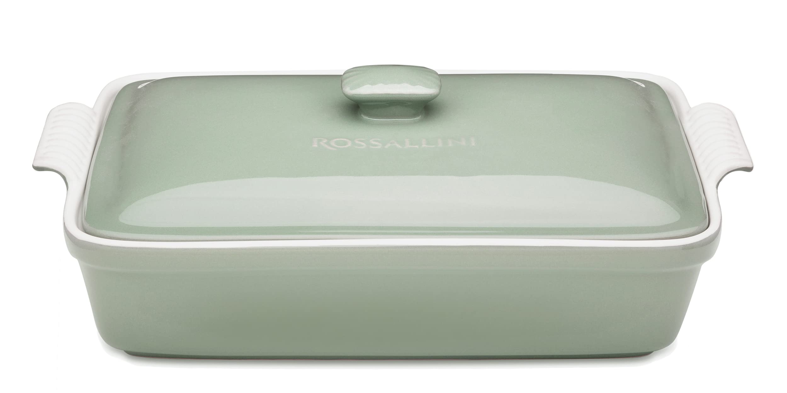 Fuente rectangular de cerámica Rossallini en verde salvia para hornear y presentar platos