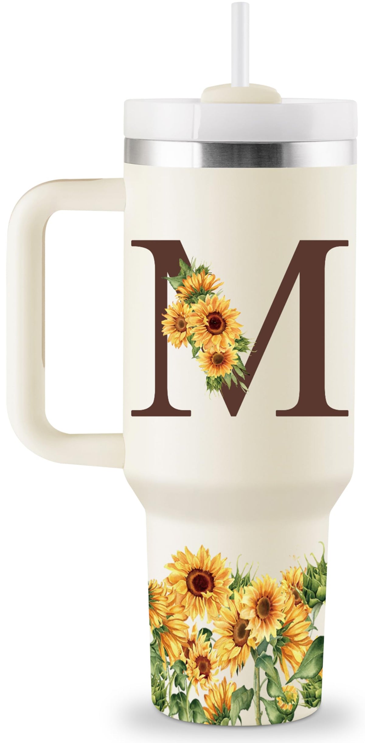 Vaso Rostanten monograma con girasol para mantener bebidas frías o calientes.