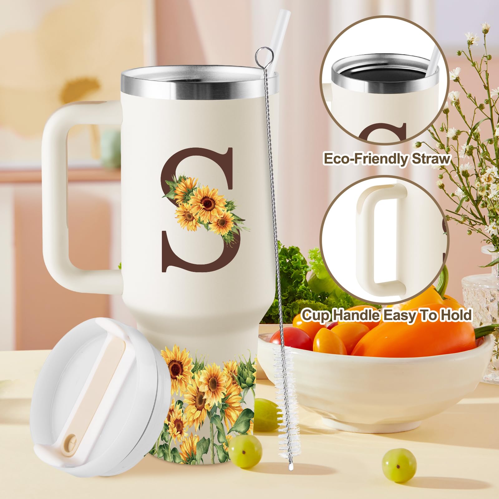 Vaso Rostanten girasol, boca ancha y diseño práctico para bebidas frías o calientes.