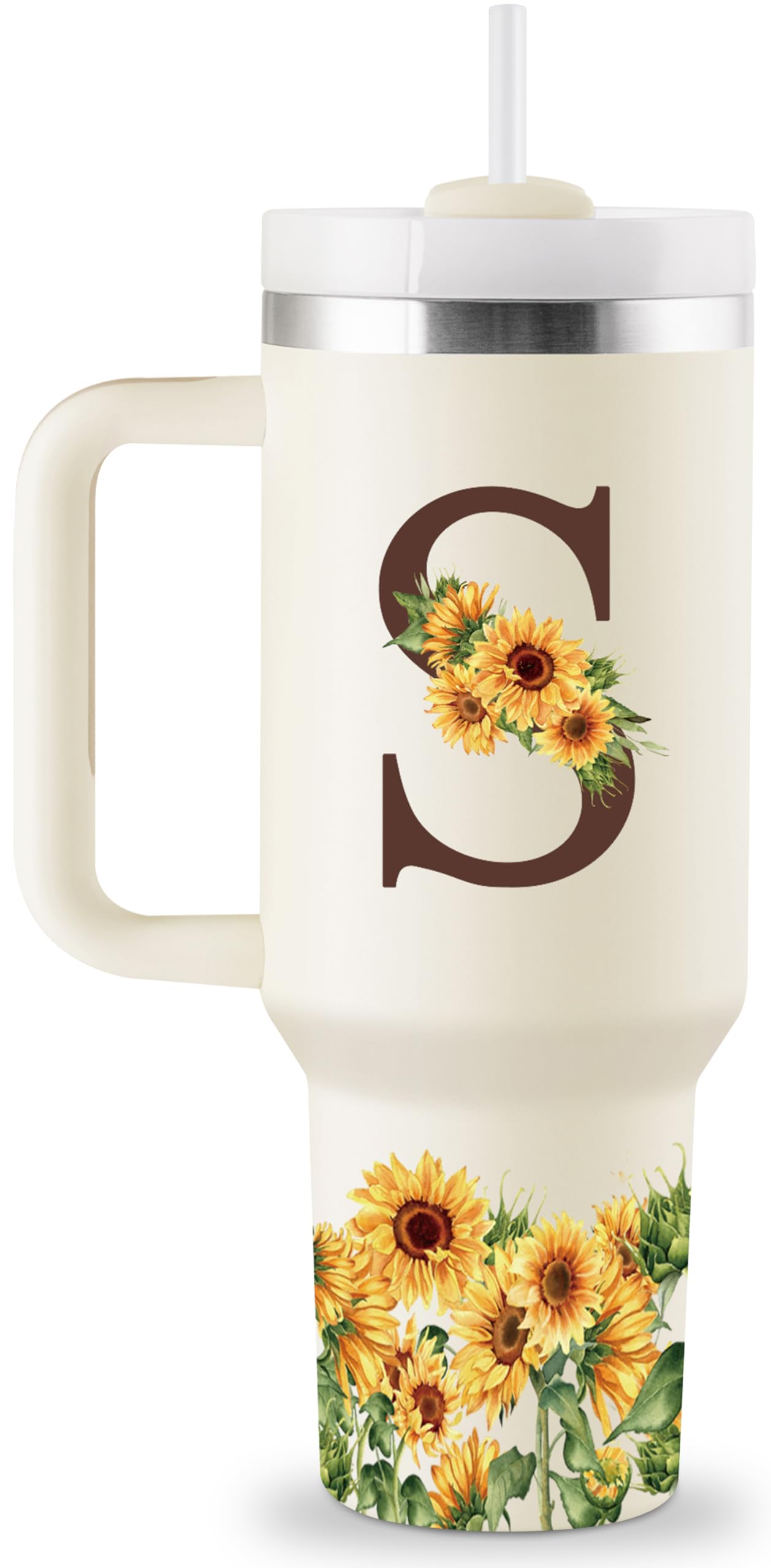 Vaso monogramado Rostanten con girasol, ideal para llevar en bolso y oficina.