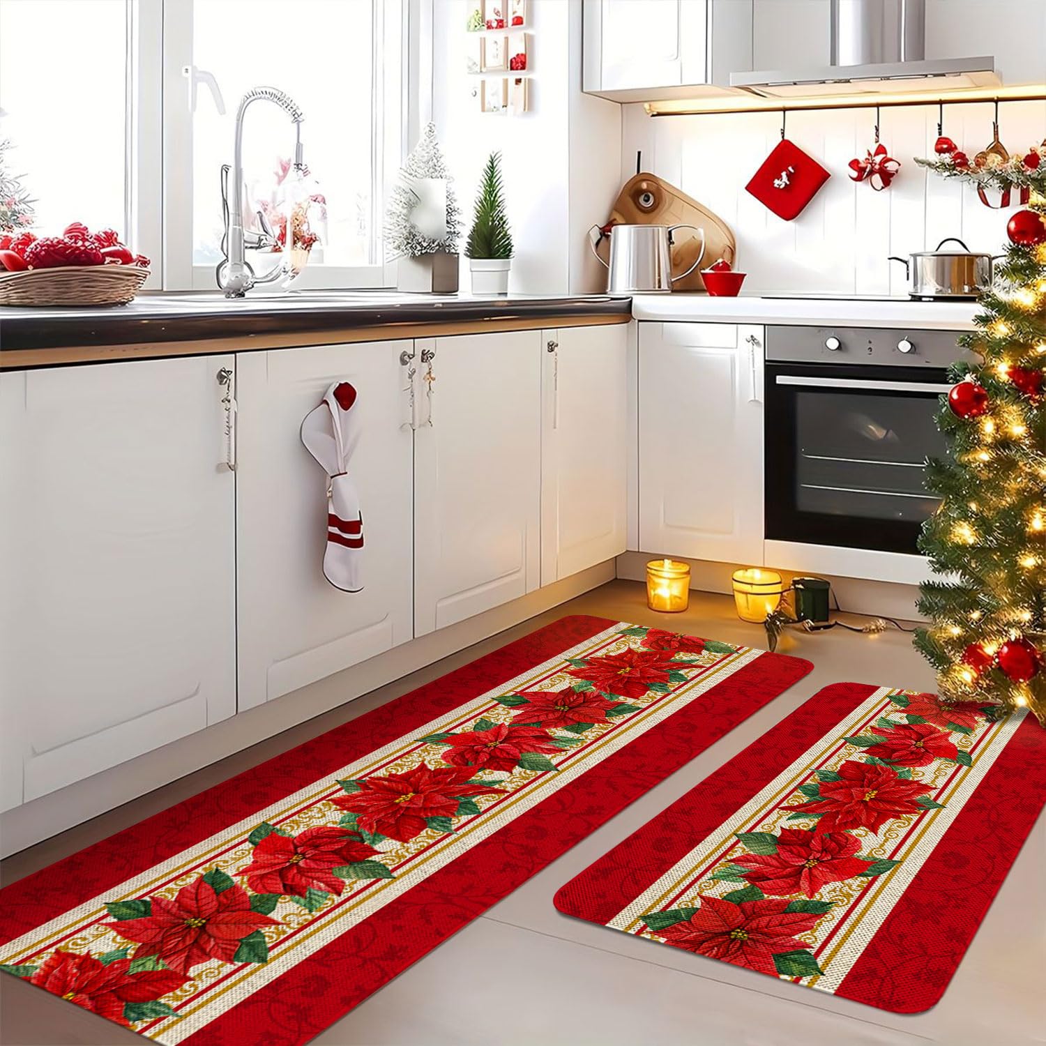 Roszwtit-conjunto-navidad, dos alfombras coordinadas para entrada y cocina.